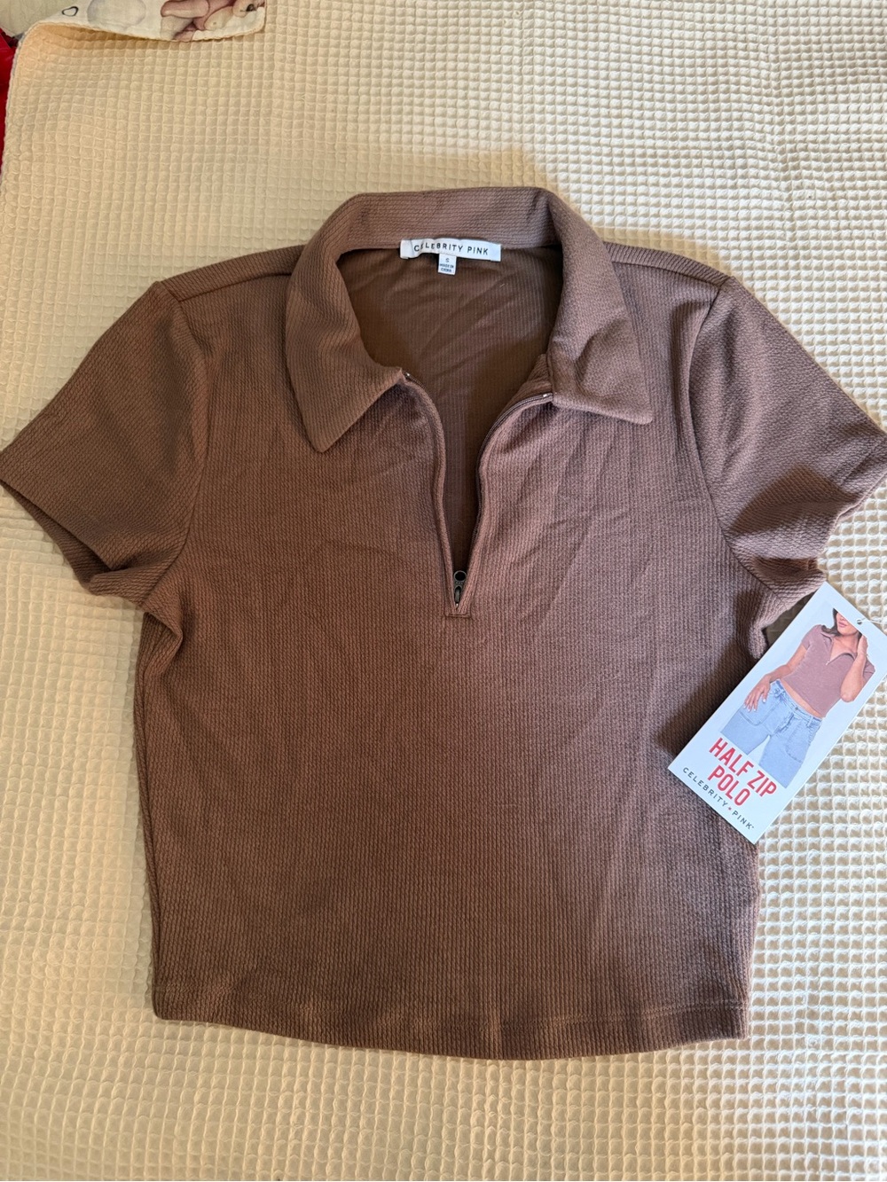 Celebrity Pink Ribbed Half-Zip Crop Polo Top - Brown